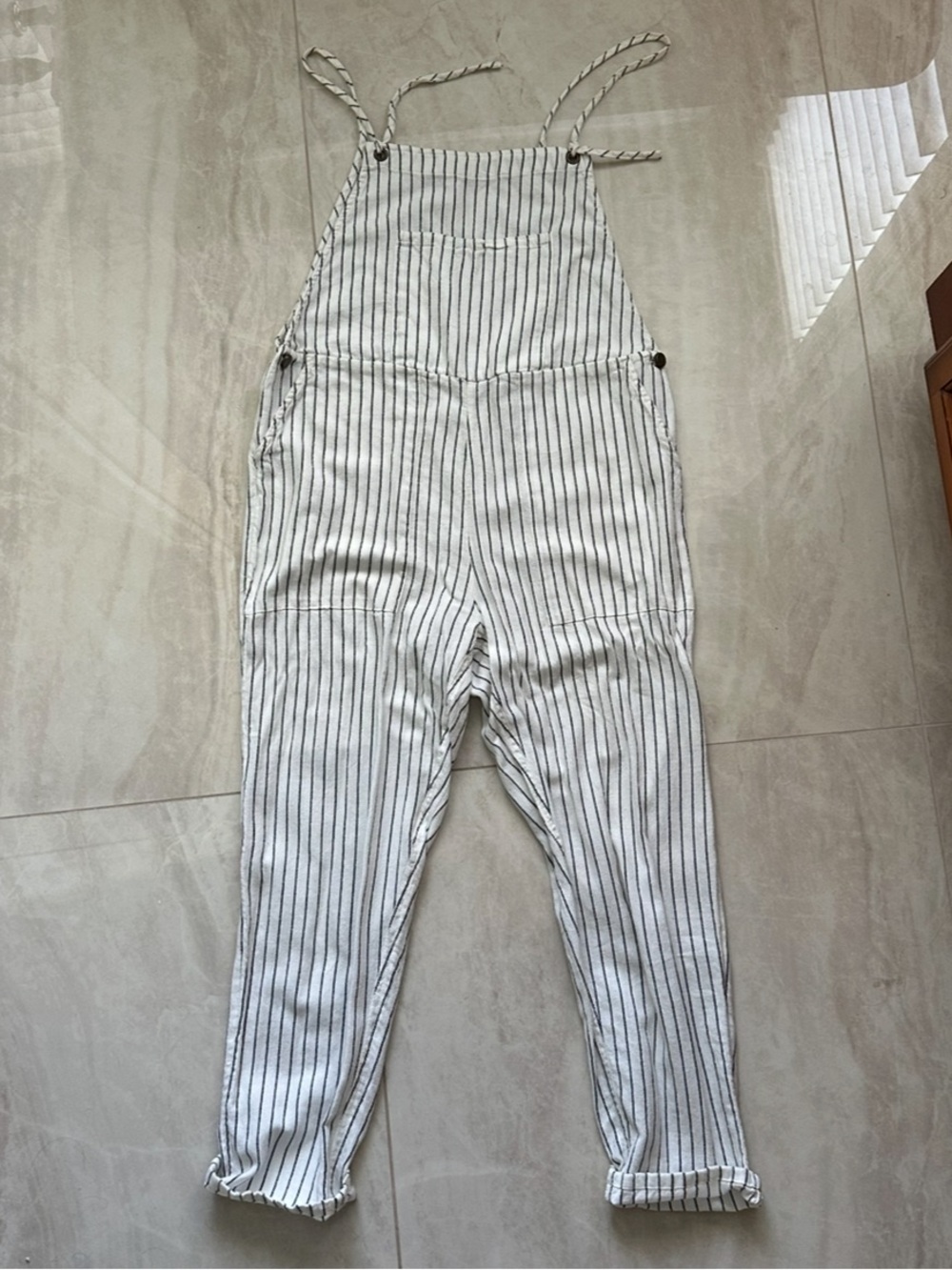 Amuse Society Striped Linen-Blend Overalls in White and Gray